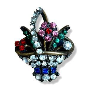 Vintage Czechoslovakia Flower Basket Pin Color Czech Glass 1930s-40s Art Deco